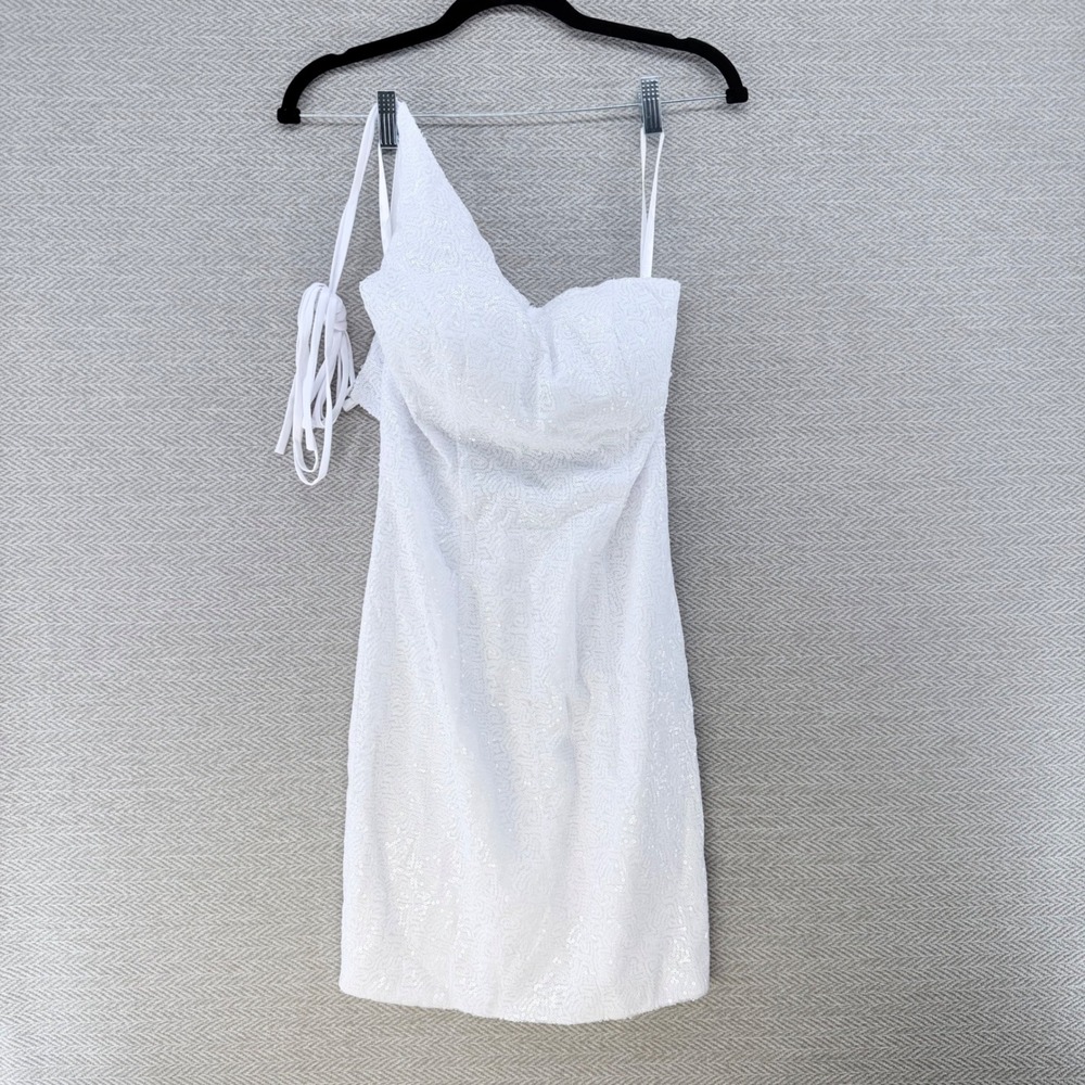 Unbranded One Shoulder Mini Dress 10 White Polyester Sequin Lace Up Back Party